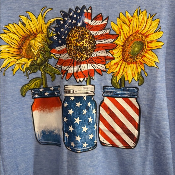 Blue T-Shirt with Sunflower & American Flag Design - Picture 2 of 4